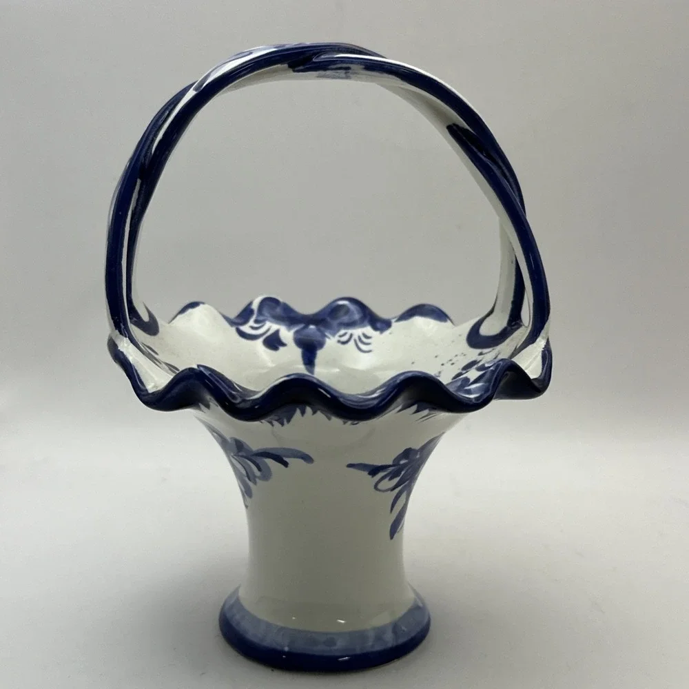Blue & White Ceramic Floral Basket Hand Painted Portugal Pottery 9